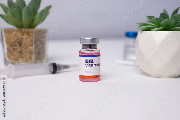 Obraz a liquid vitamin b12 with a syringe on the clinic table. health and medical concepts