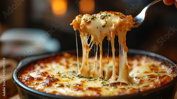 Fototapeta up-close view of cheesy lasagna being lifted with a fork, emphasizing the stringy texture