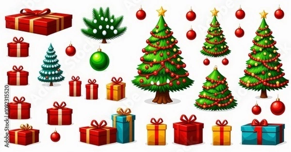 Fototapeta Festive Christmas Trees and Holiday Gifts Featuring Colorful Decorations and Ornaments