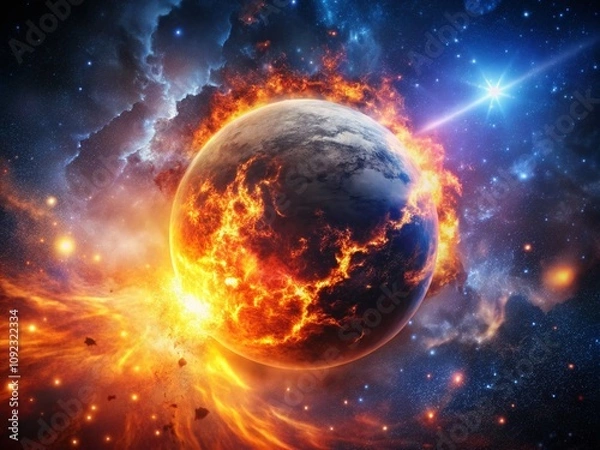 Fototapeta Dramatic Silhouette of a Planet Exploding in a Cosmic Landscape with Fiery Debris and Starry Background, Evoking the Power of Space Destruction and Celestial Events