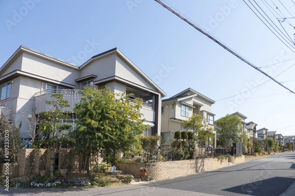 Fototapeta 住宅　分譲住宅街　青空　大規模分譲地　植栽　緑　レンガ調外壁