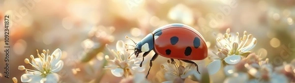 Fototapeta A close-up of a vibrant ladybug nestled among delicate flowers in soft sunlight, showcasing nature's beauty and tranquility.