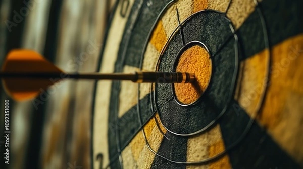 Obraz Dart hitting the bullseye on a textured dartboard in a cozy indoor setting