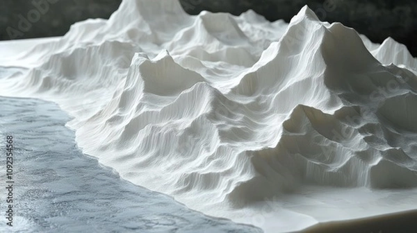 Obraz A detailed 3D model of mountains and water, showcasing topographical features.