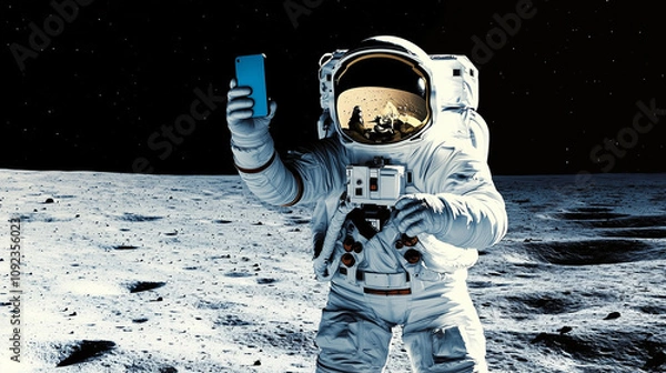 Obraz Futuristic lunar expedition scene featuring a human astronaut, representing high-tech breakthroughs, the spirit of exploration, and humanity's pioneering journey into the final frontier