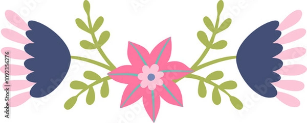 Fototapeta Reflected composition purple and pink flowers is made in folk art. Design element, border element, print in rustic style, isolated white background.
