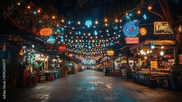Fototapeta A vibrant night market with colorful lights and food stalls creating a lively atmosphere.