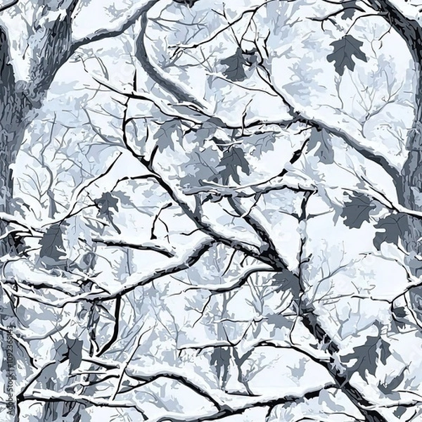 Fototapeta Snowy Frozen Snow Covered Oak Tree Oak Leaves Hunting Camouflage, Seamless Camo Pattern