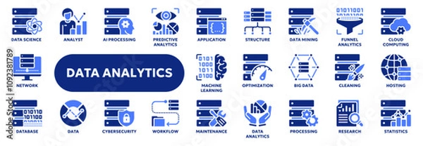 Fototapeta Set of vector solid icons related to data analytics and statistics, big data technology, ai and machine learning. Symbols for website or app ui, logo design, illustration