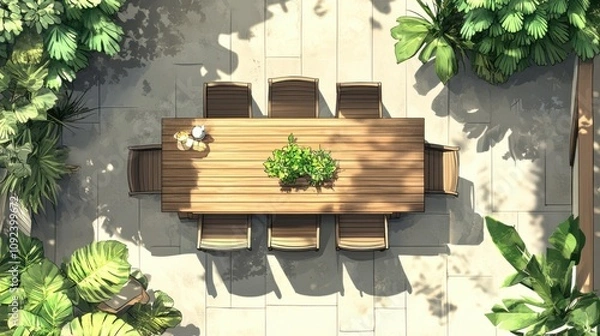Obraz Top view of a patio dining set in icons, with a rectangular table, six chairs, and plants