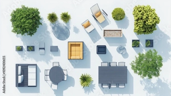 Obraz Top view of patio layout icons with chairs, plants, and tables, giving a modern outdoor look