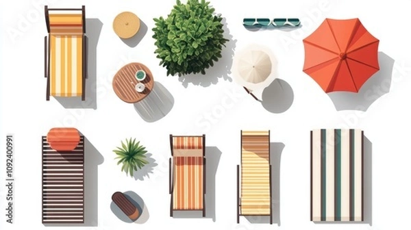 Obraz Top view patio furniture icons, including lounge chairs, side table, and sun umbrella