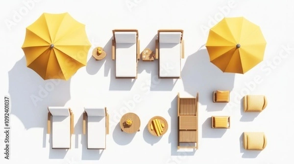Fototapeta Top view patio furniture icons, including lounge chairs, side table, and sun umbrella