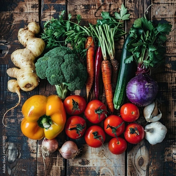 Fototapeta Fresh organic vegetables broccoli, carrots, peppers, tomatoes, garlic, ginger, zucchini, and parsley on rustic wood.