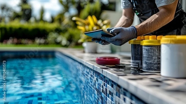 Obraz Pool Technician Using Tablet For Pool Maintenance