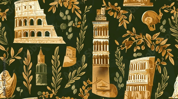 Fototapeta A green and brown patterned background with a variety of buildings