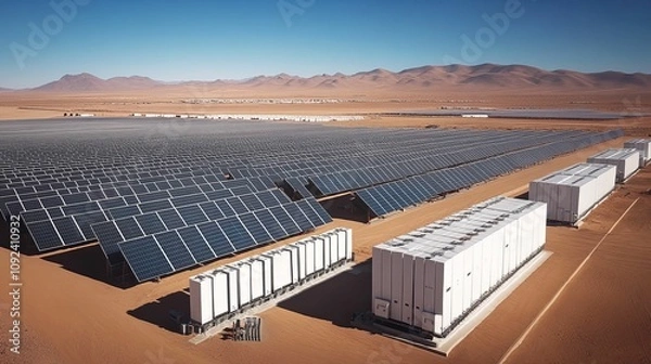 Obraz Vast Solar Farm With Energy Storage Units In Desert Landscape