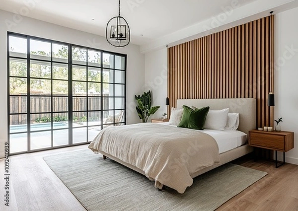 Fototapeta A modern bedroom in a house in los angeles with white walls and wood slats on the wall, large glass door with black frame, generative ai