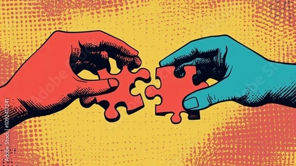 Fototapeta Halftone Collage of Hands Connecting Puzzle Pieces: Teamwork Concept in Pop Art Retro Style.