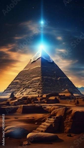 Fototapeta Majestic Pyramid Illuminated Night Sky, Ancient Egypt, Starry Scene. Generative AI