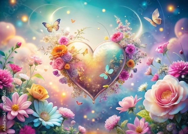 Fototapeta Enchanting Love Heart Anime Scene with Vibrant Colors and High Depth of Field, Capturing the Essence of Affection and Connection in a Whimsical Fantasy Setting