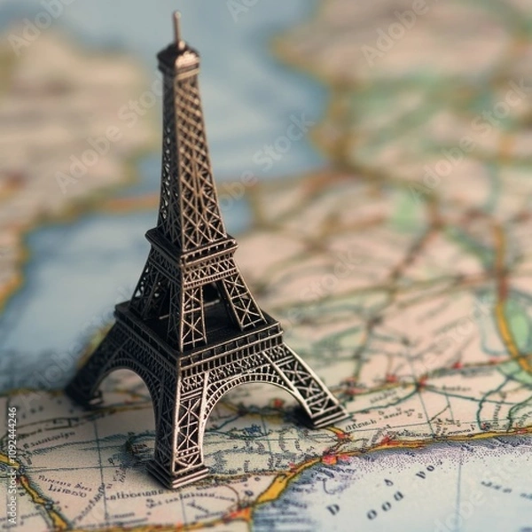 Fototapeta Miniature Eiffel Tower on map.