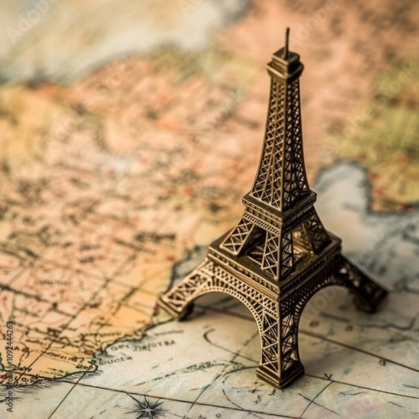 Fototapeta Eiffel Tower miniature on map for travel.