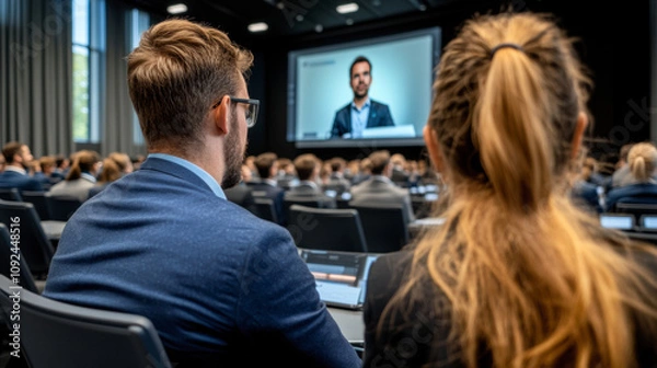 Fototapeta Attendees Listen to a Speaker During a Conference Presentation in a Modern Auditorium Setting