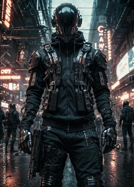 Fototapeta Security guard on duty in a futuristic city..