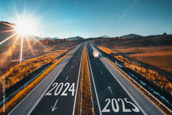 Fototapeta Driving on the Road to the Future, Journey from 2024 year to the new year 2025