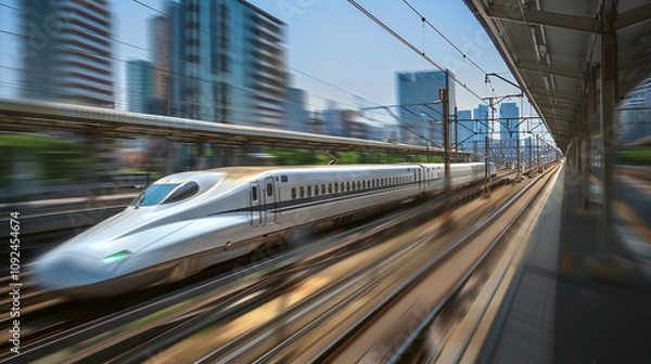 Fototapeta A high-speed bullet train whizzing past a blur of urban scenery, seamlessly connecting distant cities.