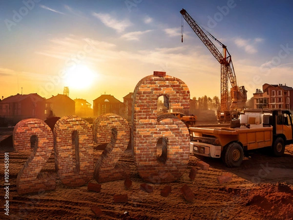 Fototapeta Brick New Year 2026 on construction site with dump truck and crane in the background sunset and town. Idea for a post for a construction company. 3d rendering
