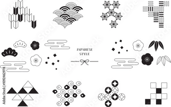 Fototapeta 和風のあしらい 白黒イラスト素材セット / vector eps