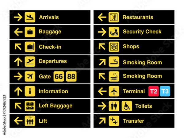 Fototapeta Comprehensive Airport Signage Icons: Departure, Arrival, Transfer, Baggage, Check-in, Toilet, Smoking Area, and Lift Information. Vector.