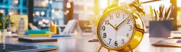 Fototapeta Golden Alarm Clock on a Desk.