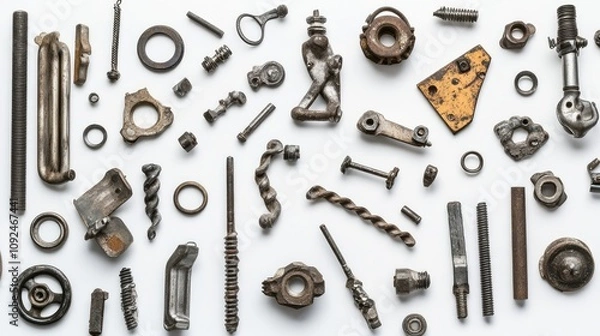 Fototapeta Diverse Collection of Various Metallic Fasteners and Mechanical Components Displayed on a Clean Background for Industrial and DIY Projects