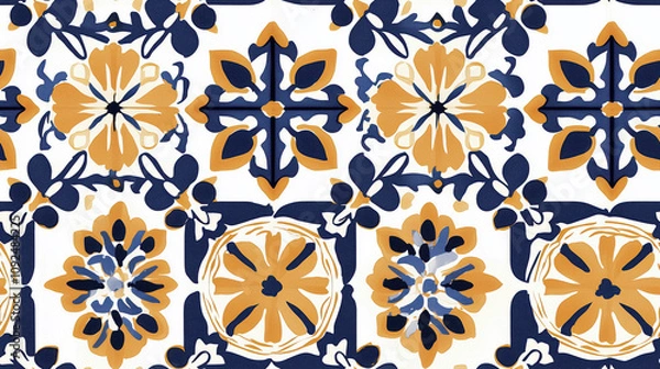 Obraz A blue and yellow floral patterned tile