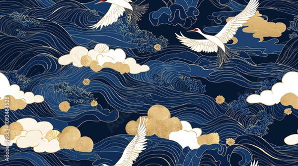 Obraz A blue and gold background with birds flying in the sky
