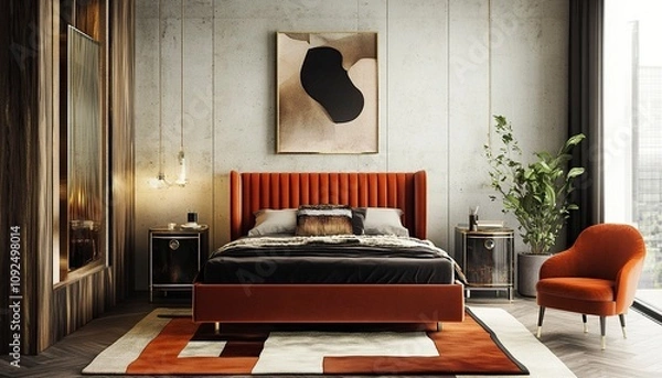 Fototapeta architectures digest photography of a bedroom , glam, luxury, brass, warm colors, retro, 70â€™s style, wood, cement,generative ai