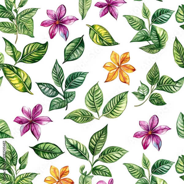Fototapeta Vibrant floral and leaf pattern showcasing colorful flowers and lush green leaves on a dark background.