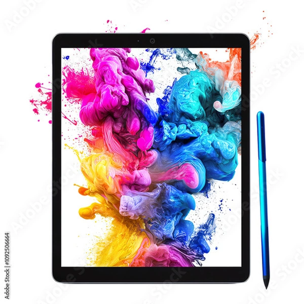 Fototapeta Vibrant tablet with colorful ink splashes and a stylus, showcasing creativity and digital artistry in a modern environment.