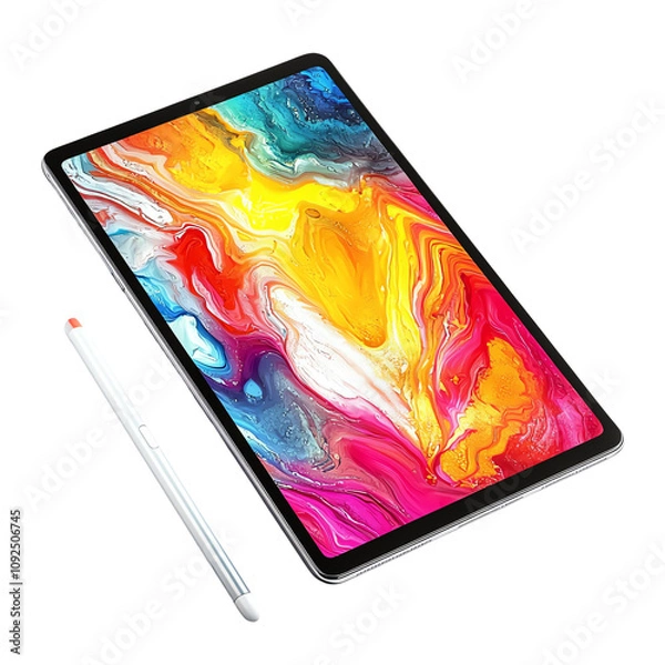 Fototapeta Vibrant tablet with stylus, showcasing colorful abstract art on screen. Ideal for technology and digital design themes.