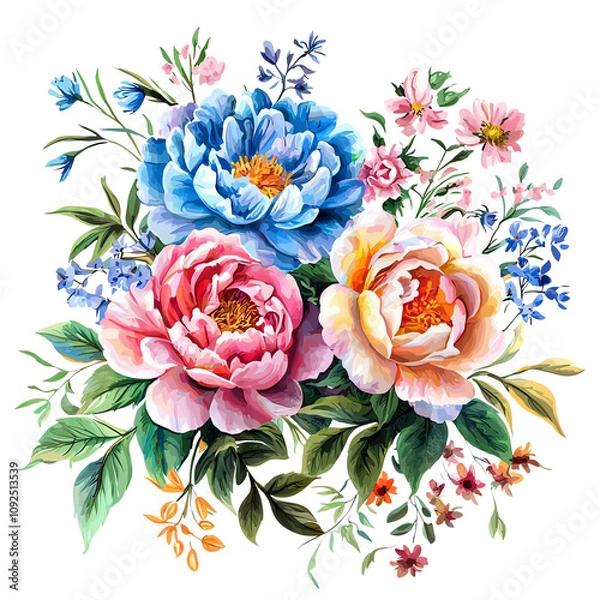 Fototapeta Beautiful arrangement of colorful flowers featuring peonies, hydrangeas, and daisies. Perfect for spring-themed designs.