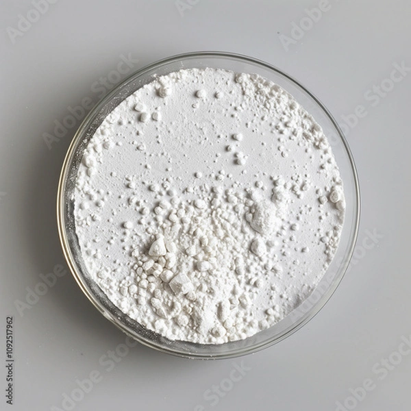 Fototapeta Overhead view of white powder in transparent dish.