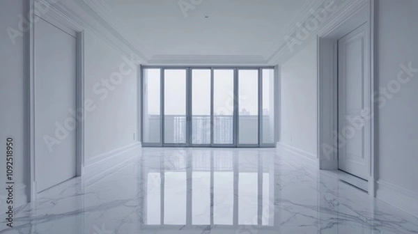 Fototapeta Bright and spacious apartment room featuring pristine white walls and glossy marble flooring with large windows for natural light and product display opportunities.