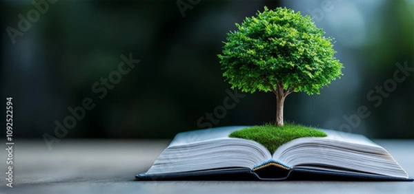 Fototapeta A tree of knowledge grows from an ancient book in a quiet library, symbolizing education and philosophy