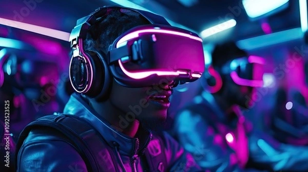 Fototapeta Participants express awe and excitement while experiencing advanced virtual reality in a futuristic space with vibrant lighting