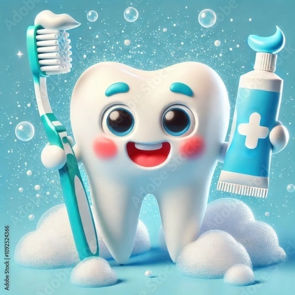 Fototapeta A cheerful cartoon tooth character holds a toothbrush and toothpaste, surrounded by bubbles, promoting dental hygiene in a fun and engaging way.