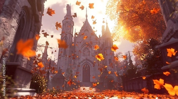 Obraz Autumnal Leaves Falling Around a Stone Castle