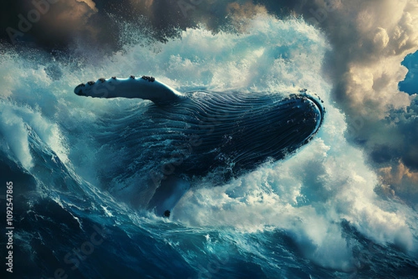 Fototapeta Blue whale breaching above ocean waves, creating dramatic splash. 4k image